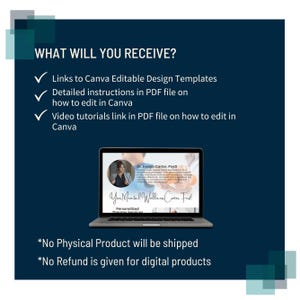 Puede incluir: Un fondo de cuadros azules y blancos con una marca de verificaci&oacute;n blanca junto al texto "WHAT WILL YOU RECEIVE?" El texto de abajo enumera los elementos incluidos en el producto digital: enlaces a plantillas de dise&ntilde;o editables de Canva, instrucciones detalladas en un archivo PDF sobre c&oacute;mo editar en Canva y tutoriales en v&iacute;deo en un archivo PDF sobre c&oacute;mo editar en Canva. La imagen tambi&eacute;n muestra la pantalla de un port&aacute;til con una maqueta de una plantilla de dise&ntilde;o de Canva. El texto en la pantalla del port&aacute;til dice "Dr. Evelyn Carter, PsyD" y "Your Mental Wellness Comes First!" El texto en la parte inferior de la imagen dice "*No se enviar&aacute; ning&uacute;n producto f&iacute;sico" y "*No se dar&aacute; ning&uacute;n reembolso por productos digitales."