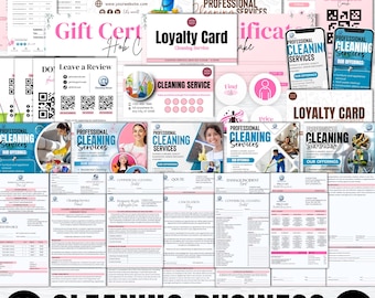 May include: A collection of marketing materials for a cleaning business, including business cards, loyalty cards, invoices, and promotional flyers. The designs feature pink and blue accents with the words "Professional Cleaning Services" and "Cleaning Business" prominently displayed. The image includes the text "100+ Pages".