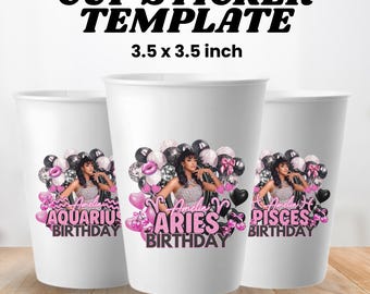 Styrofoam Cup Sticker Template, Pink and Black Birthday Cup, Pink Foam Cup Template, Pink Cup Stickers, Birthday Party Sticker Template