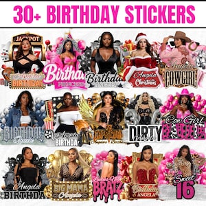 K&ouml;nnte beinhalten: Eine Sammlung von &uuml;ber 30 Geburtstagsaufklebern mit verschiedenen Themen. Die Aufkleber zeigen Bilder von Frauen, Texte wie "Angela Birthday", "Cowgirl" und "Sweet 16" sowie dekorative Elemente wie Luftballons und Rahmen. Der Text "30+ BIRTHDAY STICKERS" steht oben.