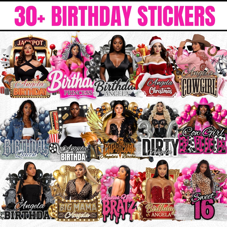 K&ouml;nnte beinhalten: Eine Sammlung von &uuml;ber 30 Geburtstagsaufklebern mit verschiedenen Themen. Die Aufkleber zeigen Bilder von Frauen, Texte wie "Angela Birthday", "Cowgirl" und "Sweet 16" sowie dekorative Elemente wie Luftballons und Rahmen. Der Text "30+ BIRTHDAY STICKERS" steht oben.