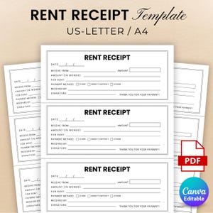 Editable Rent Receipt Template, Printable Simple Rent Receipt, Minimalist Receipt, Sales Receipt Editable, Business Receipt Canva Template