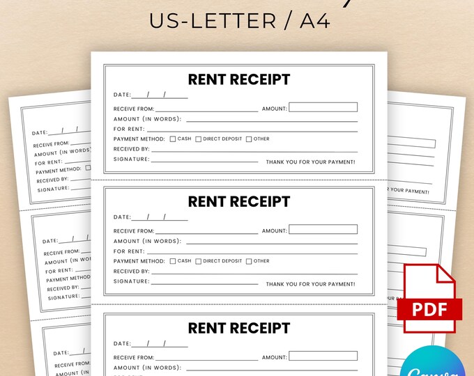 Simple Rent Receipt Template, Printable Receipt for Rental Payment ...