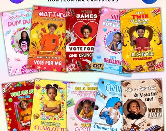 10 Homecoming Candy Cards Tags,Homecoming campaign Candy Tags,Homecoming Elections,Student council,Homecoming Candy Card Tags,Canva template