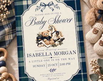 Preppy Plaid Baby Shower Invitation, Editable Rocking Horse Baby Shower Invite, Boy Baby Shower Canva Template