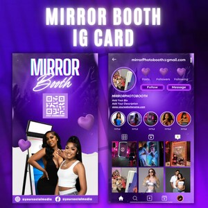 May include: A purple Mirror Booth IG card design. The design includes the text "MIRROR BOOTH IG CARD" and "MIRROR Booth". The card also features a QR code, social media handles, and a mock Instagram profile with photos.