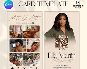 Plantilla de tarjeta de presentación DIY, tarjeta de presentación de Instagram, tarjeta de belleza, código QR para redes sociales, pestañas, cabello, uñas, maquillaje, peluca, plantilla de Canva