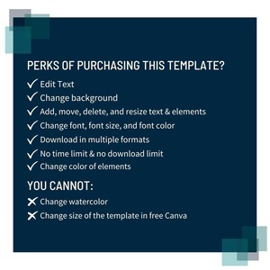 K&ouml;nnte beinhalten: Dunkelblaue Grafik mit wei&szlig;em Text, der die Vorteile des Kaufs einer Vorlage auflistet, einschlie&szlig;lich der Bearbeitung von Text, dem &Auml;ndern des Hintergrunds und dem Herunterladen in verschiedenen Formaten. Der Text listet auch auf, was Sie nicht tun k&ouml;nnen.