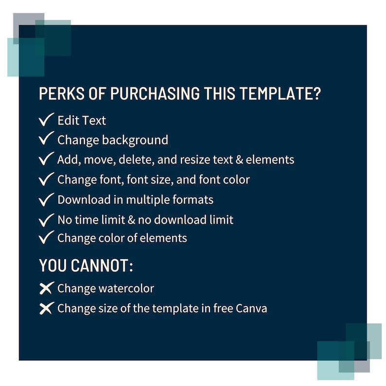 K&ouml;nnte beinhalten: Dunkelblaue Grafik mit wei&szlig;em Text, der die Vorteile des Kaufs einer Vorlage auflistet, einschlie&szlig;lich der Bearbeitung von Text, dem &Auml;ndern des Hintergrunds und dem Herunterladen in verschiedenen Formaten. Der Text listet auch auf, was Sie nicht tun k&ouml;nnen.