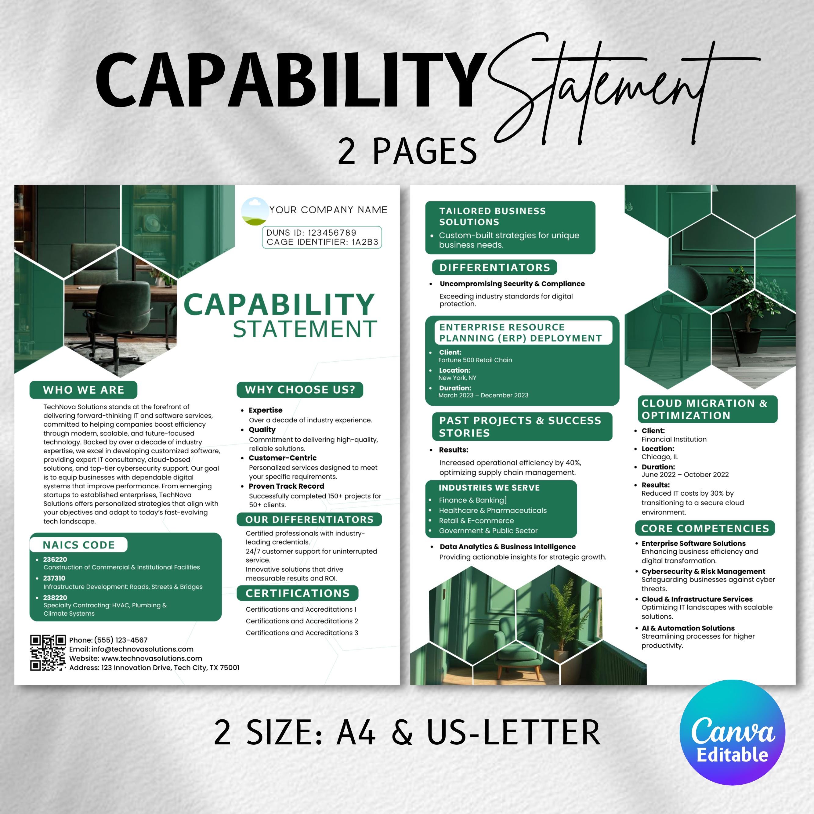 Business Capability Statement, Corporate Flyer, Editable Capability Statement Template, Company Overview Flyer Template, Canva Template