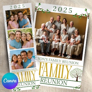 Op de afbeelding: Twee fotokaarten voor een familiebijeenkomst. Eén kaart heeft drie familiefoto's met de tekst "Jason's Family Reunion" en "2025". De andere kaart heeft een grote familiefoto met de tekst "Son's Family Reunion" en "Family Reunion".