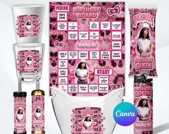 Adult birthday Party Favor Bundle, Game Board, Shot Glass, Hookah, Styrofoam Cups, Canva Template