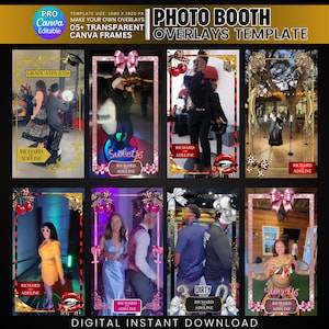 Może przedstawiać: Cyfrowy szablon nakładek do fotobudki. Projekt zawiera wiele ramek z różnymi motywami, takimi jak "Sweet 16" i "Graduates 2026". Szablon jest edytowalny w Canva i oferuje przezroczyste ramki do personalizacji. Wyświetlany jest tekst "PHOTO BOOTH OVERLAYS TEMPLATE".