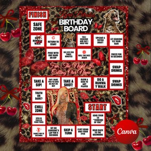 Plantilla editable para juego de mesa de cumpleaños con temática de guepardo. Juegos de cumpleaños con estampado de guepardo para despedida de soltera. Tableros de juegos de cumpleaños. Plantilla para Canva.