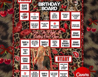 Cheetah Birthday Board Game Editable Party Template Cheetah Print Birthday Games Bachelorette, Birthday Game Boards, Canva Template