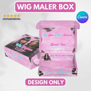 Op de afbeelding: Roze verzenddoos voor pruiken met een ontwerp met een vrouw met lang zwart haar en de tekst "The Hair of Your Dreams Starts Here". De doos bevat ook de tekst "Thank You for Shopping With Us!" en "Follow us on Instagram @YOURSOCIALMEDIA".