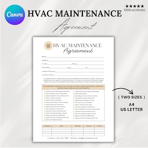May include: A white HVAC maintenance agreement form with a blue header and a logo placeholder. The form includes sections for customer information, service details, and a 27-point system performance inspection checklist. The text "(TWO SIZES) A4 US LETTER" is in the bottom right corner.