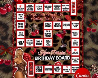 Cheetah Birthday Board Game Editable Party Template Cheetah Print Birthday Games Bachelorette, Birthday Game Boards, Canva Template