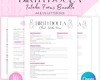 Birth Doula Intake Forms Bundle, Editable Birth Doula Contract Agreement, Client Intake Form, Invoice Template, Scan to Pay, Canva Template
