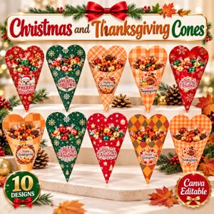 May include: Ten cone-shaped treat holders featuring Christmas and Thanksgiving designs. The patterns include red, green, and orange colors with snowflakes, plaid, and pumpkins. Each cone is filled with assorted candies and chocolates.