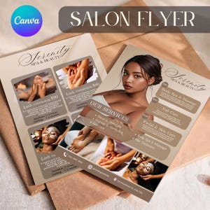 Szablon ulotki salonu piękności DIY Canva, ulotka salonu fryzjerskiego, ulotka do makijażu, projekt ulotki kosmetyczki, edytowalny, pobieranie cyfrowe
