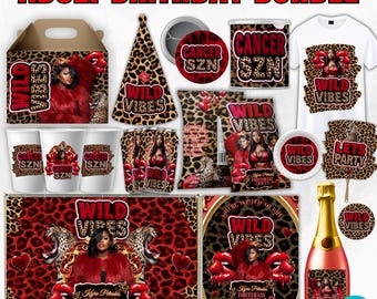 Adult Birthday Party Favor Templates Bundle, Cancer SZN Birthday Party Chip Bag, Shot Glass, Backdrop, Canva Templates
