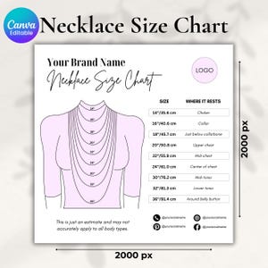 Puede incluir: Un gráfico que muestra los tamaños de collar en pulgadas y centímetros, con un diagrama del torso de una mujer que muestra dónde descansaría cada longitud. El gráfico incluye el texto "Your Brand Name Necklace Size Chart".