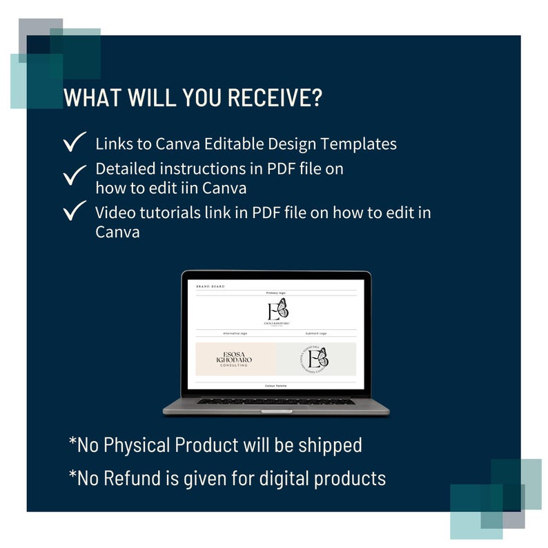 May include: A laptop displays a brand board design with a butterfly logo. Text on the screen includes "ESOSA KHODARO CONSULTING". The image also features the text "WHAT WILL YOU RECEIVE?" and lists digital product details: Canva templates, PDF instructions, and video tutorials.