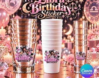 May include: A stack of clear plastic cups and a stack of white paper cups featuring a graphic of a person surrounded by black, white, and pink balloons with the text Amelia Libra Birthday. The image includes the text Libra Birthday Sticker.