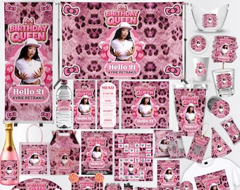 Hello Cheetah Birthday Decor Templates Bundle, 40 Cute Pink Canva Templates For Birthday Party, Instant Download
