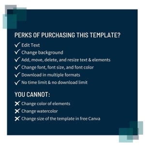Puede incluir: Un gr&aacute;fico azul con texto blanco que describe las ventajas y las limitaciones de comprar una plantilla. El texto dice "VENTAJAS DE COMPRAR ESTA PLANTILLA?" seguido de una lista de marcas de verificaci&oacute;n con el siguiente texto: "Editar texto", "Cambiar fondo", "Agregar, mover, eliminar y cambiar el tama&ntilde;o del texto y los elementos", "Cambiar la fuente, el tama&ntilde;o de la fuente y el color de la fuente", "Descargar en varios formatos", "Sin l&iacute;mite de tiempo y sin l&iacute;mite de descarga". El texto contin&uacute;a con "NO PUEDES:" seguido de una lista de X con el siguiente texto: "Cambiar el color de los elementos", "Cambiar la acuarela", "Cambiar el tama&ntilde;o de la plantilla en Canva gratis".