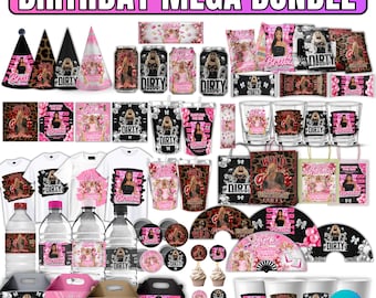 Mega Birthday Party Decor Bundle, Red Cheetah Print, Dirty 30, Pink Birthday, Styrofoam, Shot Glass, Chip Bag, Cake Topper, Canva Template