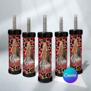 May include: Five black and red tumblers with a clear straw. The tumblers feature a leopard print design with red heart accents and a photo of a woman. The text "Olivia BIRTHDAY" is displayed on each tumbler.
