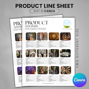 以下が含まれることがあります： 「PRODUCT LINE SHEET」と「EDIT IN CANVA」のテキストが上部にある製品ラインシート。シートには製品画像、素材、色、SKU、価格、メモのフィールドが含まれています。Canvaのロゴは右下にあります。
