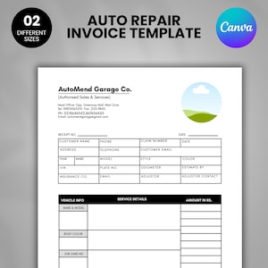 Auto Repair Invoice Template,Editable Auto Repair Business Invoice,Editable Mechanic Receipt Form,Editable Client Invoice, Car Service Order