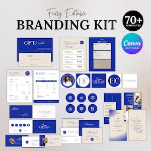 Puede incluir: Un kit de marca para un negocio llamado "EIC" con un esquema de color azul y blanco. El kit incluye un logotipo, una factura, un vale de regalo, una lista de precios, una tarjeta de agradecimiento y plantillas para redes sociales. El kit es totalmente editable y se puede usar en Canva.