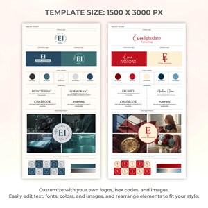 May include: A brand board template with two layouts. Each layout features a logo, color palettes, typography examples, and brand mood boards. The text includes "TEMPLATE SIZE: 1500 X 3000 PX" and "Customize with your own logos, hex codes, and images."