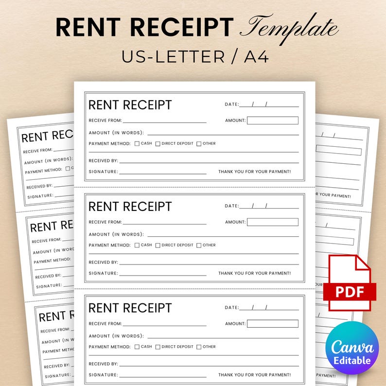 Rent Receipt, Editable Receipt of Rent Payment, Simple Rental Receipt ...