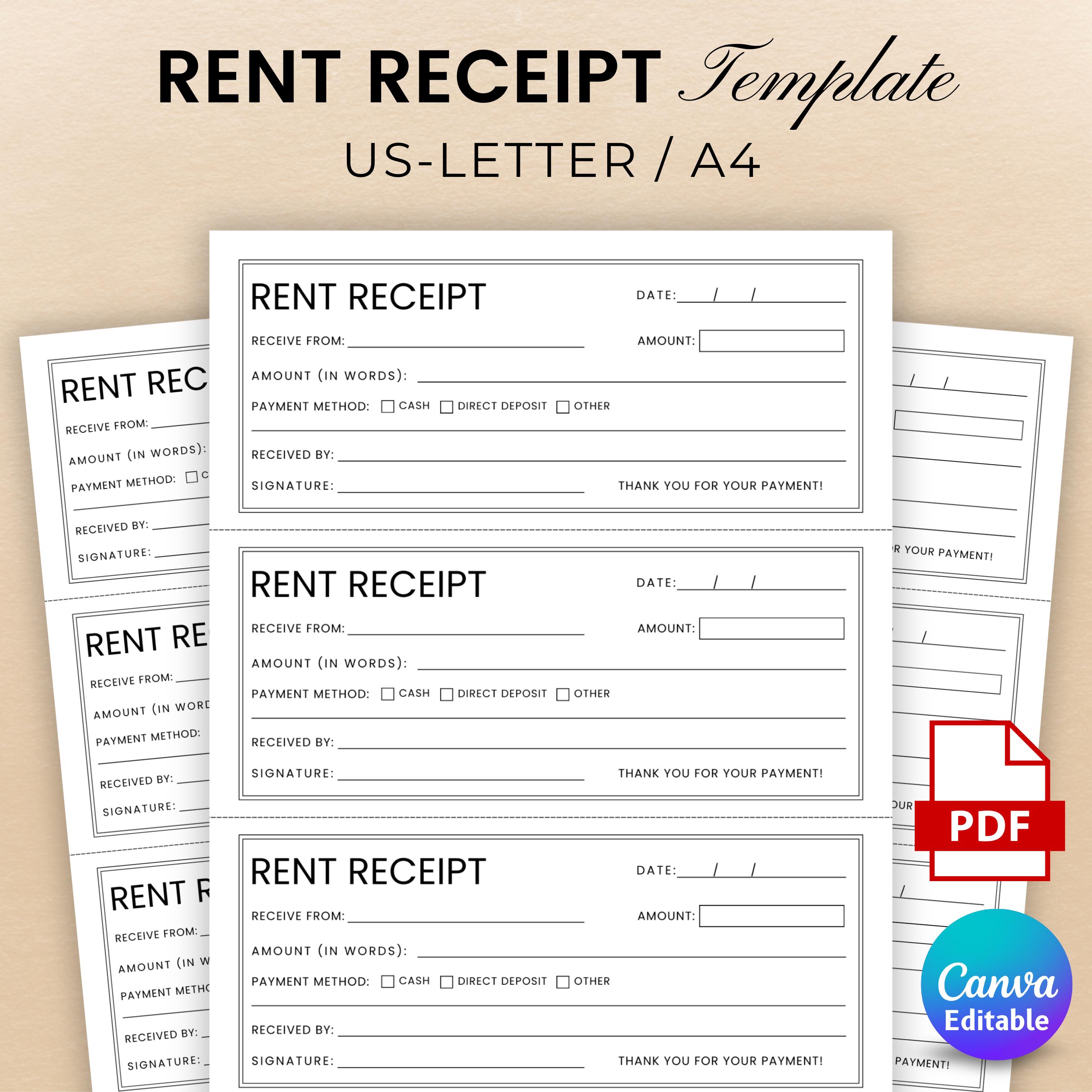 Editable Rent Receipt Template, Printable Simple Rent Receipt ...