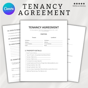 May include: A black and white printable tenancy agreement form with sections for parties, property details, and signatures. The form includes fields for tenant and landlord information, rental property address, type of property, number of bedrooms and bathrooms, furnished or unfurnished status, included appliances and fixtures, parking and storage availability, common areas, and additional features.