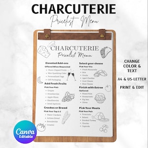 Bearbeitbares Charcuterie-Preislistenmenü, Charcuterie-Business-Preislistenmenü, Lebensmittelpreislistenvorlage, Weidentischmenü, Canva-Vorlage