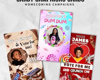 10 Homecoming Candy Cards Tags,Homecoming campaign Candy Tags,Homecoming Elections,Student council,Homecoming Candy Card Tags,Canva template