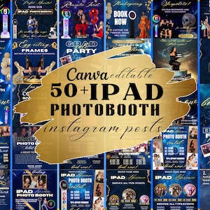 50 modelli Instagram per iPad Photo Booth, bundle iPad Photo Booth blu reale e oro, volantini promozionali modificabili per iPad Photo Booth Business
