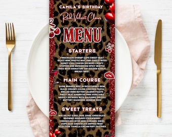 Editable Cheetah Cherry Birthday Menu, Cheetah Print Menu Card, Event Menu Template, Birthday Dinner Table Menu, Canva Template