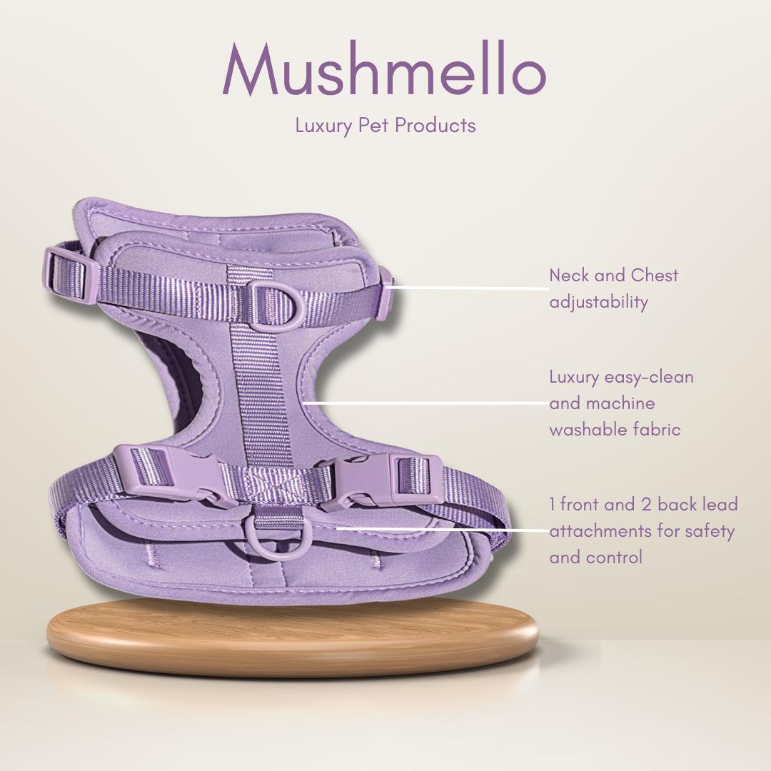 Luxury no-pull, easy-clean Purple Harness for dogs, matching leash, collar and poop bag set, waterproof, no rub, comfortable, sizes S/M/L