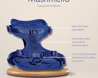 Luxury no-pull, easy-clean navy blue Harness for dogs, matching leash, collar and poop bag set, waterproof, no rub, comfortable, sizes S/M/L