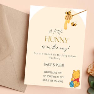 A Little Hunny Is on the Way Winnie the Pooh Baby Shower Invite. Gender neutral theme, editable template