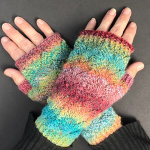 Vibrant Rainbow Lace Fingerless Gloves Hand-Knit Gloves KNITTING SALE GL20 image 5