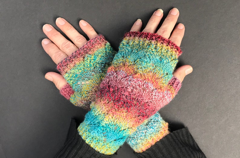Vibrant Rainbow Lace Fingerless Gloves Hand-Knit Gloves KNITTING SALE GL20 image 5