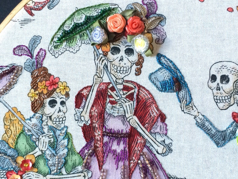 Day of the Dead Hoop Art Embellished Hoop Art Day of the Dead Embroidery Halloween Gift Dia de los Muertos Gift Skeleton Beading image 2